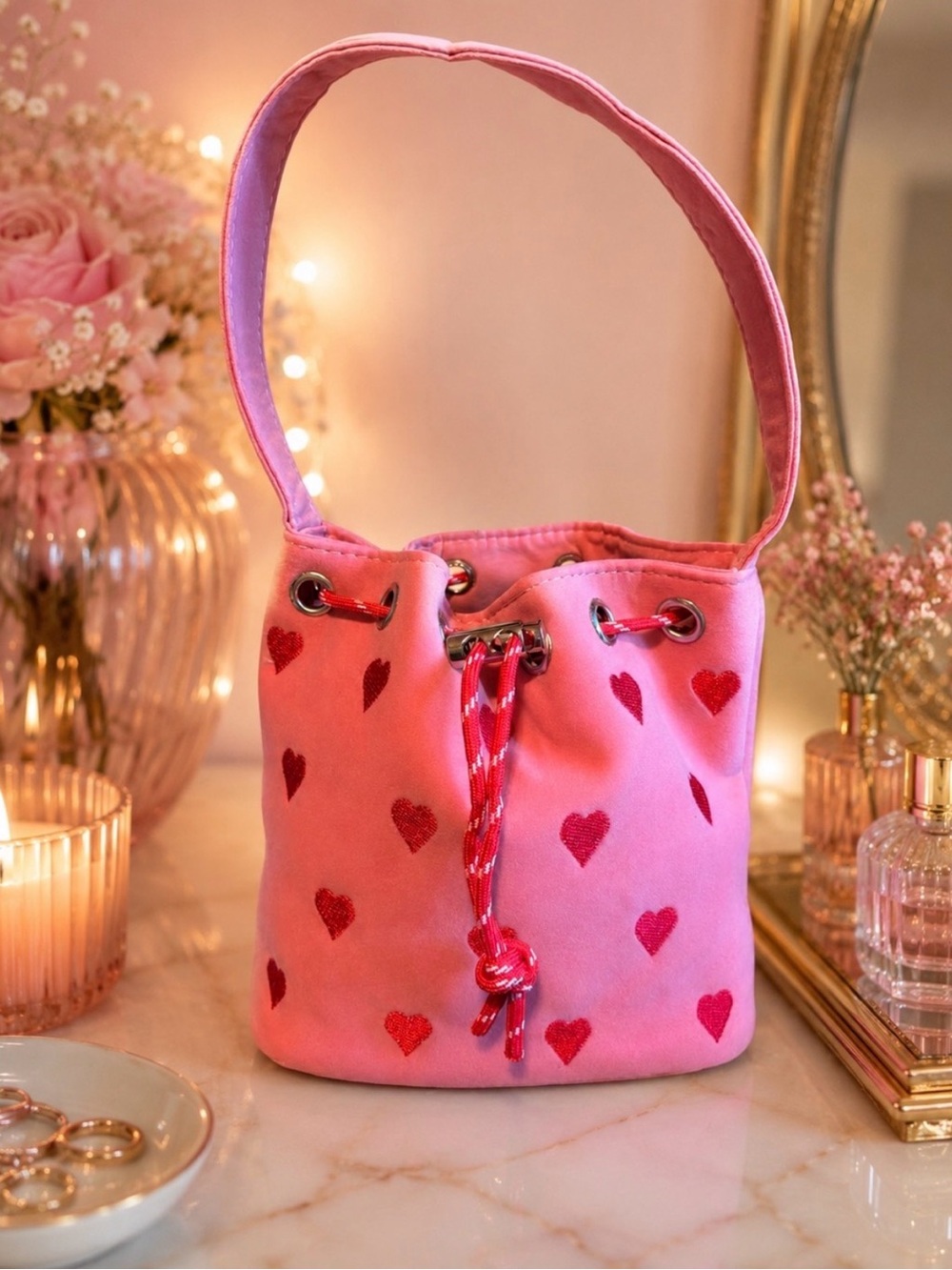 Pink Heart Drawstring Bucket Bag